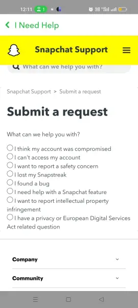 issue to Snapchat Support